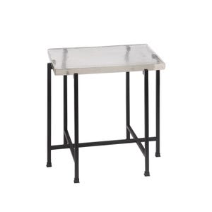 May include: A small, rectangular side table with a clear, textured top and black metal legs. The table's design is minimalist and modern, suitable for various interior styles. The table is approximately 24 inches long, 16 inches wide, and 20 inches high.