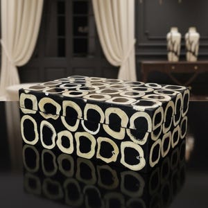 May include: A rectangular black box with a repeating pattern of cream-colored, oval-shaped designs. The box is sitting on a reflective surface, and the background includes curtains and decorative vases.
