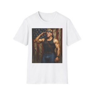 Donald Trump Saluting T-Shirt, Patriotic USA Flag Tee, These Colors Don&#39;t Run Shirt, Political Graphic Top, Unisex Softstyle T-Shirt