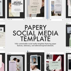 May include: A collection of social media templates with a papery aesthetic. The templates feature paper textures, stationery, and editorial-inspired elements. The design includes various layouts with text and images, perfect for social media posts.