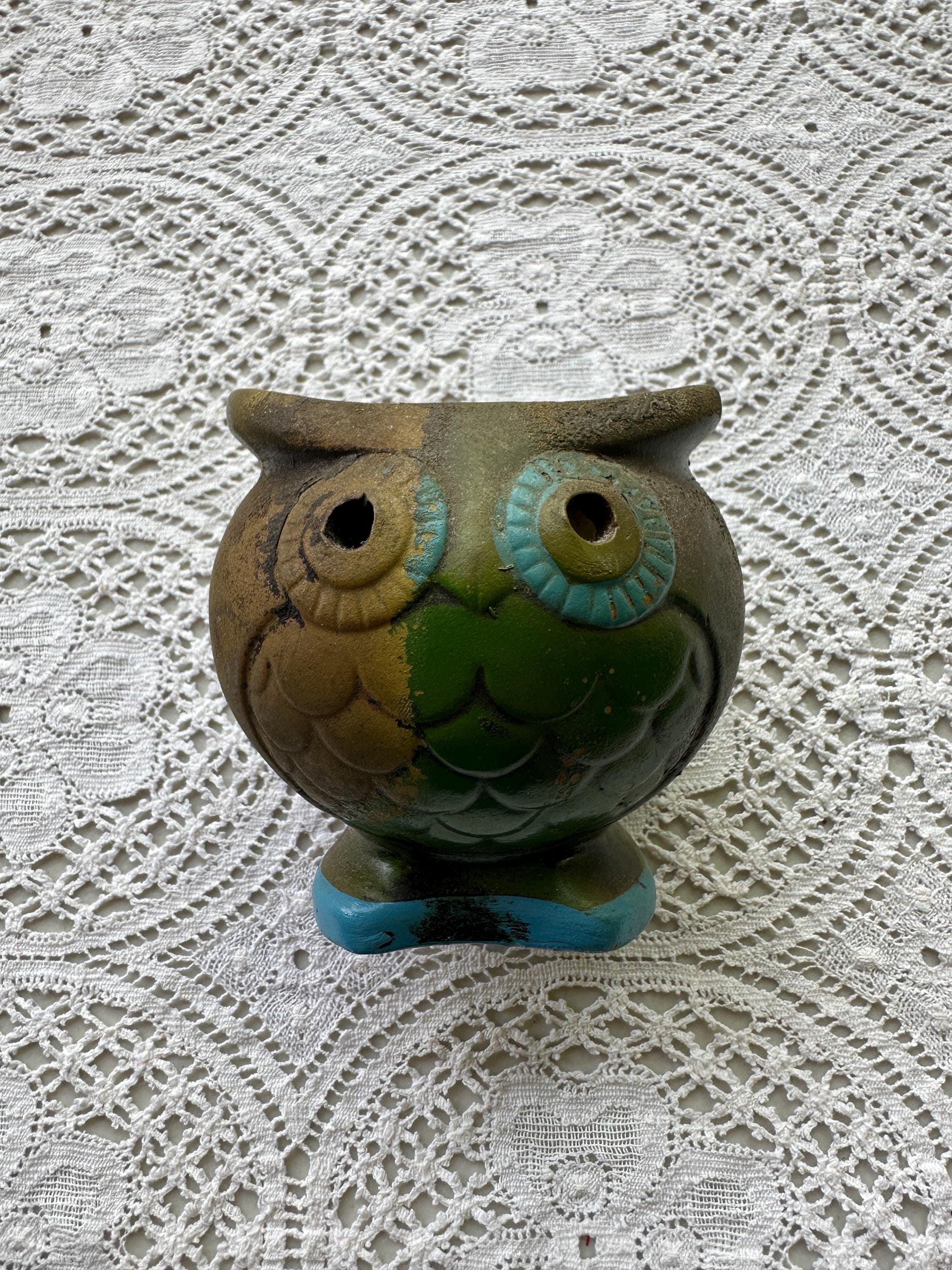 Vintage 1970s Glazed Ceramic Owl Japan| MCM Green Votive Candle Holder, Storage, Vase| Nature Decor