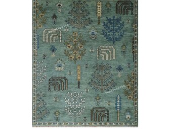 Hand-Knotted Wool Carpet: Traditional Tree of Life Rug, Green Turkish Oriental Design