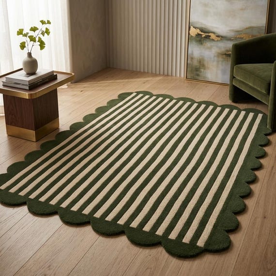 Hand Tufted Wool Rug: Olive Green Striped Carpet with Scalloped Edges, luxury carpet