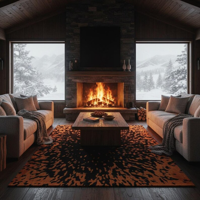 May include: A cozy living room scene with a lit fireplace, two sofas, and a patterned rug. The room has large windows overlooking a snowy mountain landscape. The rug has a black and orange pattern.