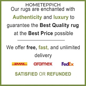 May include: A white square sign with a green border featuring the text HOMETEPPICH. The text reads: Our rugs are enchanted with Authenticity and luxury to guarantee the Best Quality rug at the Best Price possible. We offer free, fast, and unlimited delivery. Logos for DHL, aramex, and FedEx are displayed above the text SATISFIED OR REFUNDED.