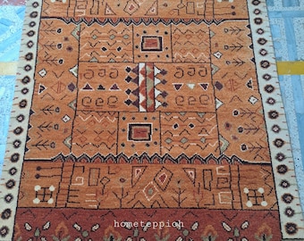 Hand-Knotted Tribal Wool Rug: Geometric Boho Carpet