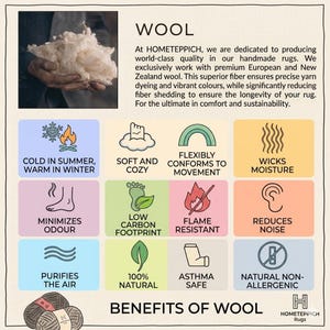 May include: An informational graphic titled WOOL and BENEFITS OF WOOL detailing properties of wool for rugs. It features a photo of raw wool, icons for temperature regulation, softness, moisture wicking, odour reduction, sustainability, and safety.