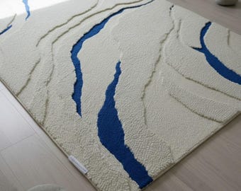 Hand Tufted Wool Rug: Blue White Abstract, Luxury Living Room Carpet