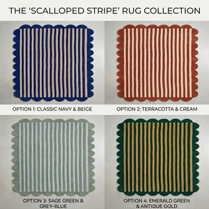 May include: The Scalloped Stripe Rug Collection features four square rugs with scalloped edges and vertical stripes. Option 1 is navy and beige, Option 2 is terracotta and cream, Option 3 is sage green and grey-blue, and Option 4 is emerald green and antique gold.