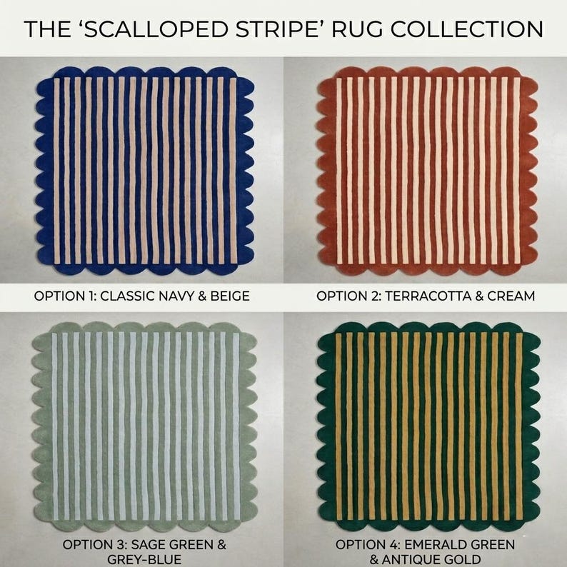 May include: The Scalloped Stripe Rug Collection features four square rugs with scalloped edges and vertical stripes. Option 1 is navy and beige, Option 2 is terracotta and cream, Option 3 is sage green and grey-blue, and Option 4 is emerald green and antique gold.