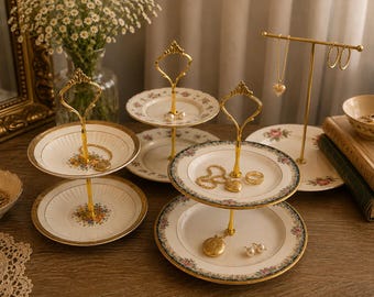 Vintage China Jewelry Stand, 2-Tier Trinket Dish, Upcycled China Cup Catchall, Floral Bridesmaid Gift, Cottagecore Vanity Decor, Centerpiece