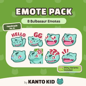 Bulbasaur Emote Pack (8) | Cute Emotes for Streamers & Gamers | Twitch , Discord, YouTube