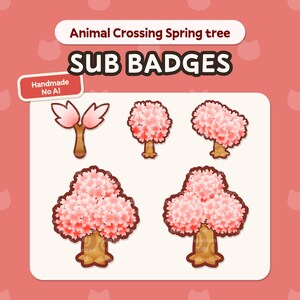 Op de afbeelding: Een verzameling Animal Crossing Spring tree sub-badges. De badges tonen verschillende gestileerde roze kersenbloesem bomen met bruine stammen en takken. De tekst "SUB BADGES" wordt in vette witte letters weergegeven.