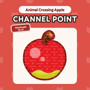 May include: A digital illustration of an apple from Animal Crossing, labeled "CHANNEL POINT." The apple is red with a yellow base and a brown stem. The background is red with white cat silhouettes. The text "Handmade No AI" is also present.