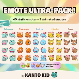 Ultra Emote Pack | Bulbasaur, Charmander, Squirtle, Pikachu, Eevee | 40 Static + 5 Animated Emotes for Streamers | Twitch, Discord, YouTube