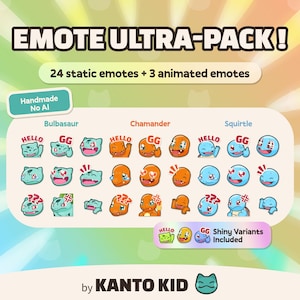 Ultra Emote Pack | Bulbasaur, Charmander, Squirtle | 24 Static + 3 Animated Emotes for Streamers | Twitch, Discord, YouTube