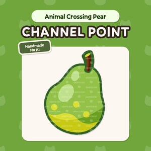 May include: A green pear-shaped graphic from the Animal Crossing game, labeled "Channel Point." The design features a light green body with yellow accents and white spots. The background is a solid green color with cat paw prints.