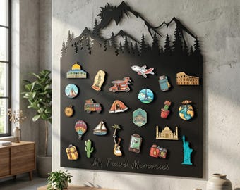 Tableau magnétique de voyage en métal, Tableau métallique montagne, Tableau personnalisé pour aimants de voyage souvenir, Cadeau souvenir de voyage, Décoration sur le thème du voyage, Tableau d'affichage