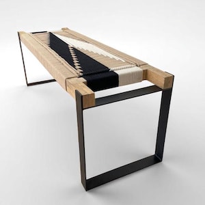 Mid-Century Modern Style Bench • Hand Woven End of Bed Stool • Custom Made Mudroom / Entryway Bench • Handmade