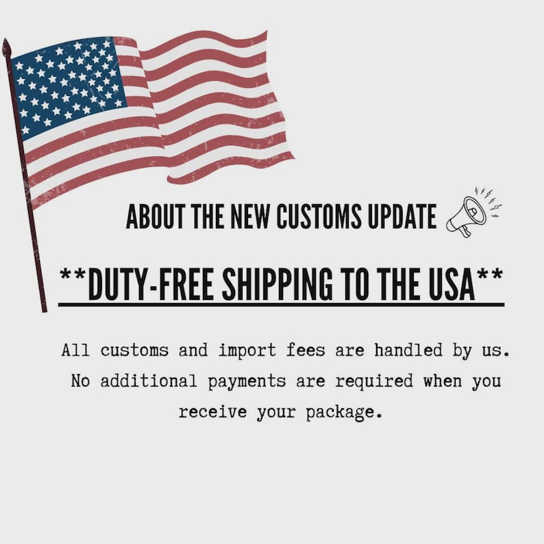 K&ouml;nnte beinhalten: Eine Grafik mit der Flagge der Vereinigten Staaten und einem Megafon-Symbol mit dem Text: ABOUT THE NEW CUSTOMS UPDATE **DUTY-FREE SHIPPING TO THE USA** All customs and import fees are handled by us. No additional payments are required when you receive your package.