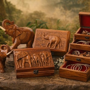 May include: Wooden jewelry boxes and elephant figurines. The boxes are carved with elephant designs and have red velvet interiors. One box is open, displaying jewelry. The figurines are brown and have ivory tusks.