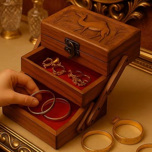 May include: A wooden jewelry box with a carved camel design on the lid. The box has multiple pull-out drawers lined with red fabric. Gold rings and bracelets are visible, with a hand reaching for a bracelet. The box is on a table with a gold-framed mirror.