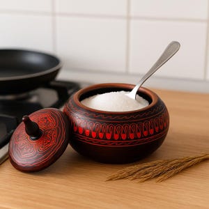May include: A decorative, dark brown sugar bowl with a red and black pattern, filled with white sugar, and a silver spoon. The lid is off, revealing the contents. The bowl sits on a wooden surface.