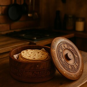 May include: A wooden roti box with a lid, partially open, revealing a stack of flatbreads. The box and lid are intricately carved with floral patterns and star-shaped accents. The box sits on a wooden surface, suggesting a kitchen setting.