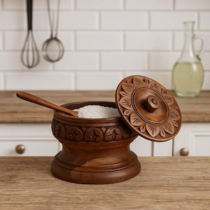 May include: A wooden salt cellar with a decorative lid and a small spoon. The salt cellar is filled with white salt and sits on a wooden surface. The lid is partially open, revealing the salt inside. The design is carved with floral patterns.