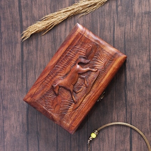 Jewelry Box With Horse Carving Handmade Wooden Animal Motif Theme Perfect Gift For Horse Wildlife Lover Red Velvet Interior Organizer