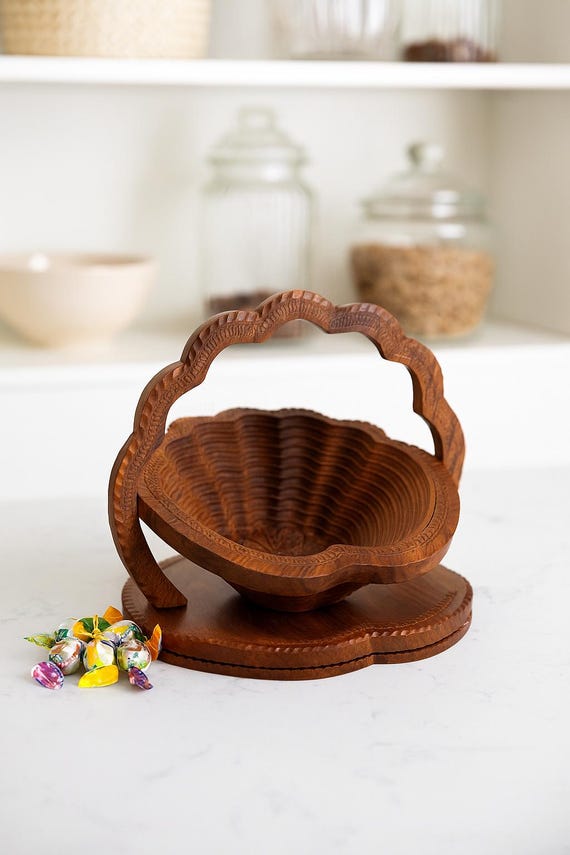 Collapsible Wooden Storage Basket Lightweight Hand-Carved Folding Serving Bowl, Portable Boho Handmade Home Decor