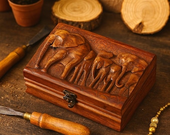 Caja de joyería de madera tallada a mano con forma de elefante: cofre de recuerdos de la vida silvestre vintage