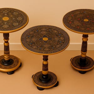 May include: Three decorative side tables with round tops and ornate, carved designs. The tables have gold-colored rims and legs, with dark brown and black accents. The tables are approximately 20 inches in diameter.