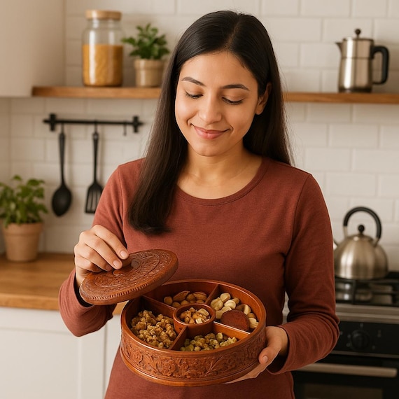 Handcrafted Sheesham Wood Masala Box with Lid: Floral Spice Organizer