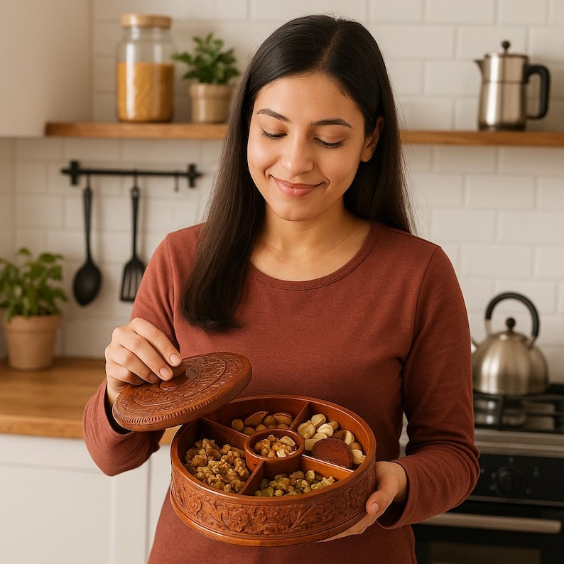 May include: A round wooden serving tray with a carved floral design, divided into five sections, filled with nuts. The tray has a matching lid. The person is holding the tray in a kitchen setting.