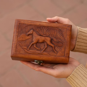 Jewelry Box Horse Carving Art Equestrian Gift For Her Mother Western Home Decor Storage Keepsake For Horse Animal Lover Wood Dresser Top