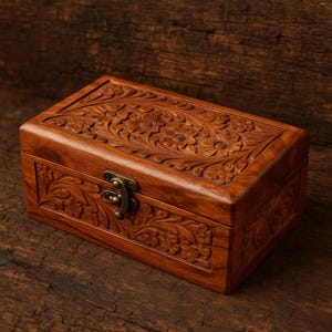 May include: A rectangular wooden box with intricate floral carvings on the lid and sides. The box is a warm brown color, with a brass-colored clasp. The wood grain is visible, adding to the rustic charm of the decorative box.