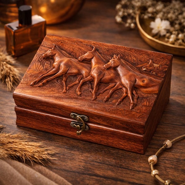 Engraved Horse Jewelry Box: Red Velvet Interior, Equestrian Gift