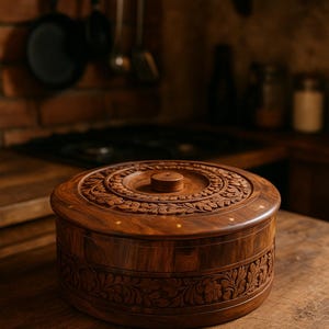May include: A round, wooden box with a lid, featuring intricate floral carvings. The box is a warm brown color and sits on a wooden surface. The lid has a central knob and detailed circular patterns. The box is likely used for storage.