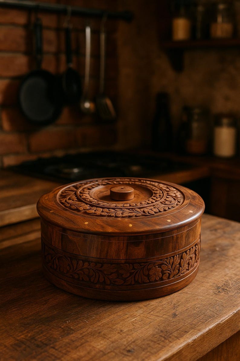 May include: A round, wooden box with a lid, featuring intricate floral carvings. The box is a warm brown color and sits on a wooden surface. The lid has a central knob and detailed circular patterns. The box is likely used for storage.
