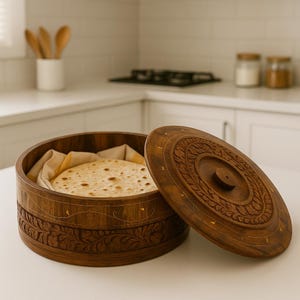 Può includere: Una scatola rotonda di legno per roti con coperchio aperto, che rivela pane piatto. La scatola è intagliata con motivi floreali e ha una finitura marrone scuro. Il coperchio presenta un pomello centrale e intagli decorativi.