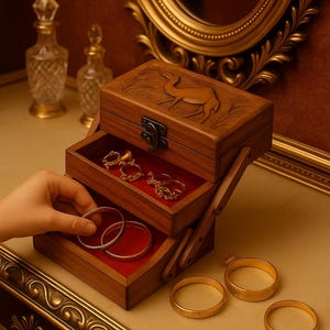 Op de afbeelding: Een houten sieradendoos met een gesneden kameelontwerp op het deksel. De doos heeft meerdere uittrekbare lades bekleed met rode stof. Gouden ringen en armbanden zijn zichtbaar, met een hand die naar een armband reikt. De doos staat op een tafel met een goudomrande spiegel.