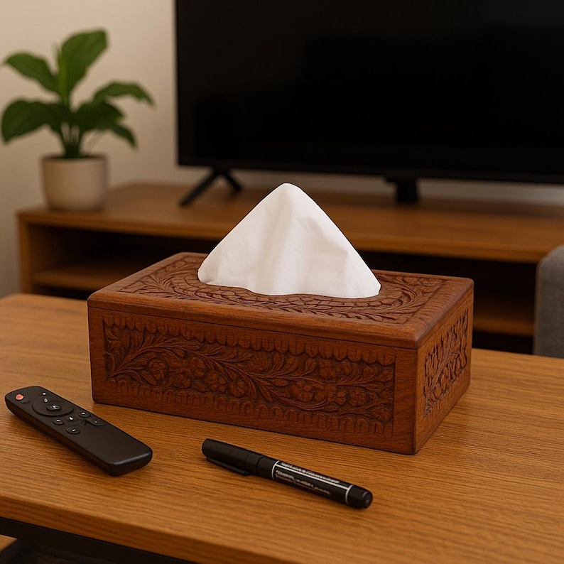 以下が含まれることがあります： 茶色の長方形の木製ティッシュボックス。精巧な花の彫刻が施されています。白いティッシュの束が上から出ています。黒いリモコンと黒いマーカーが、ボックスの前の木製のテーブルに置かれています。