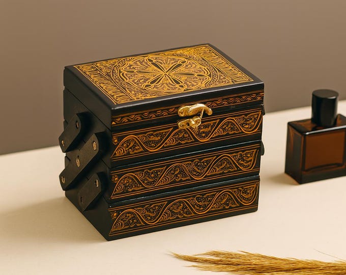Handpainted Wooden Vanity Box: Tiered Jewelry & Makeup Organizer