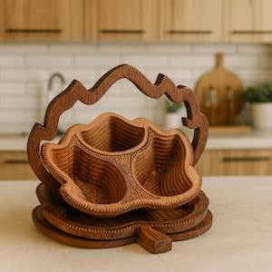 Könnte beinhalten: Ein Holzserviertablett mit blattförmigem Design. Das Tablett hat mehrere Fächer und einen Griff. Das Holz hat eine warme braune Farbe und das Tablett scheint handgefertigt zu sein. Das Tablett ist zum Servieren von Snacks oder Vorspeisen gedacht.