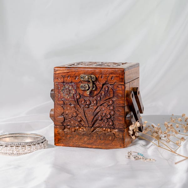 3 Tier Jewelry Box Hand Carved Wooden Multi Layer Drawer Organizer with Velvet Lining Bangle Ring Holder Chest Gift for Her Mom Friend