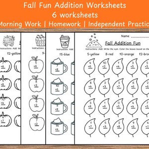 Könnte beinhalten: Schwarz-Weiß-Arbeitsblätter mit herbstlichen Additionsaufgaben. Die Arbeitsblätter enthalten Kürbisse, Äpfel und Tassen mit Schlagsahne. Der Text oben lautet "Fall Fun Addition Worksheets" und "6 worksheets".