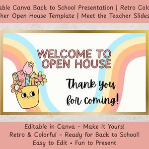 Puede incluir: Un letrero retro de "Bienvenida a la jornada de puertas abiertas" con un borde dorado. El letrero presenta un diseño de arco iris, una linda ilustración de un portalápices y el texto "¡Gracias por venir!" en una fuente divertida.