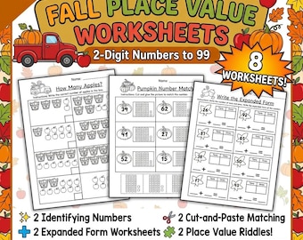 Fall Place Value Worksheets | 2-Digit Numbers to 99 | Grades K-2