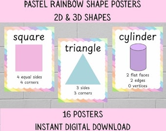 Pósteres de formas 2D y 3D de arcoíris pastel: decoración matemática imprimible para aulas de primaria